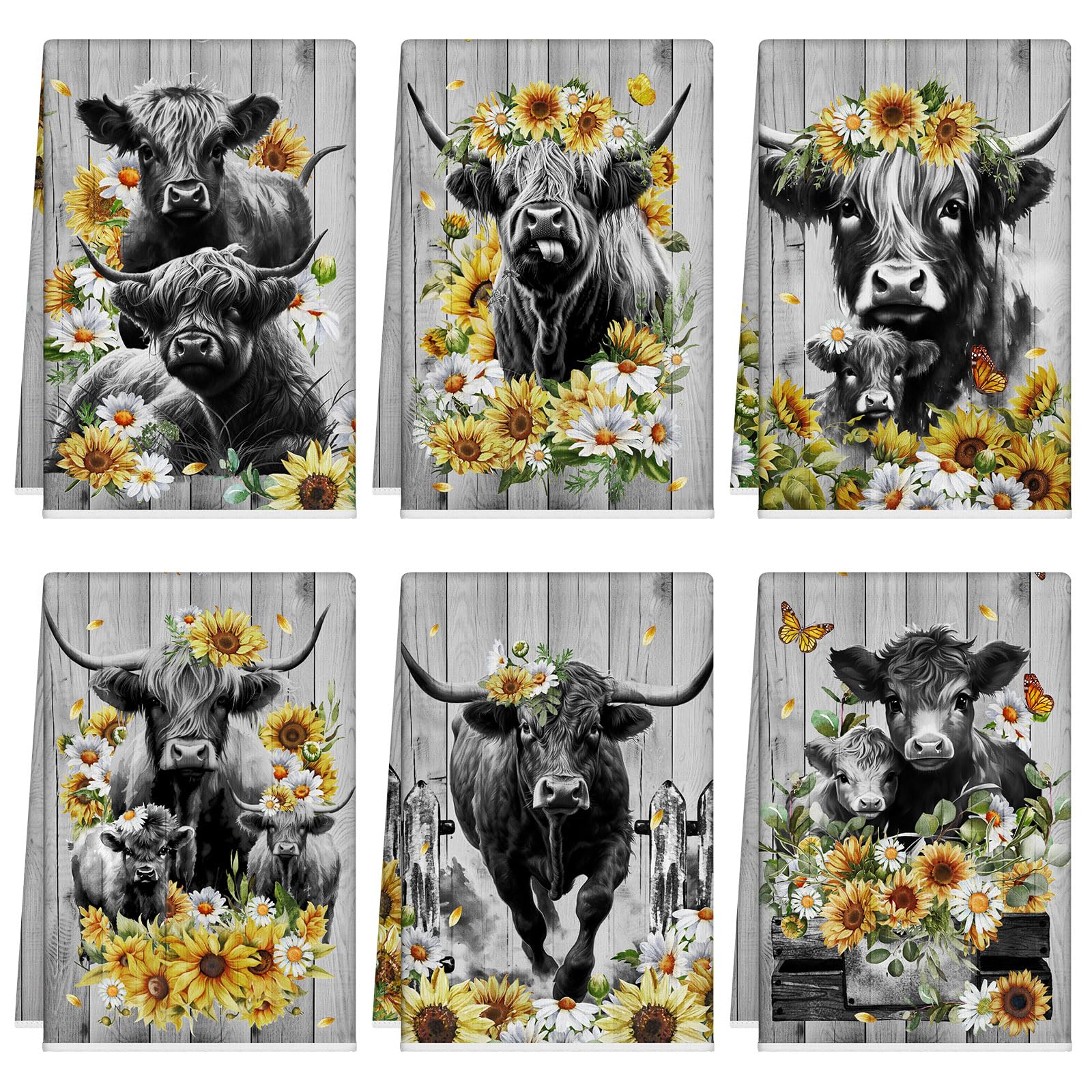Toallas Tudomro con vaca Highland, juego de 6, ideal para secar platos rápido.