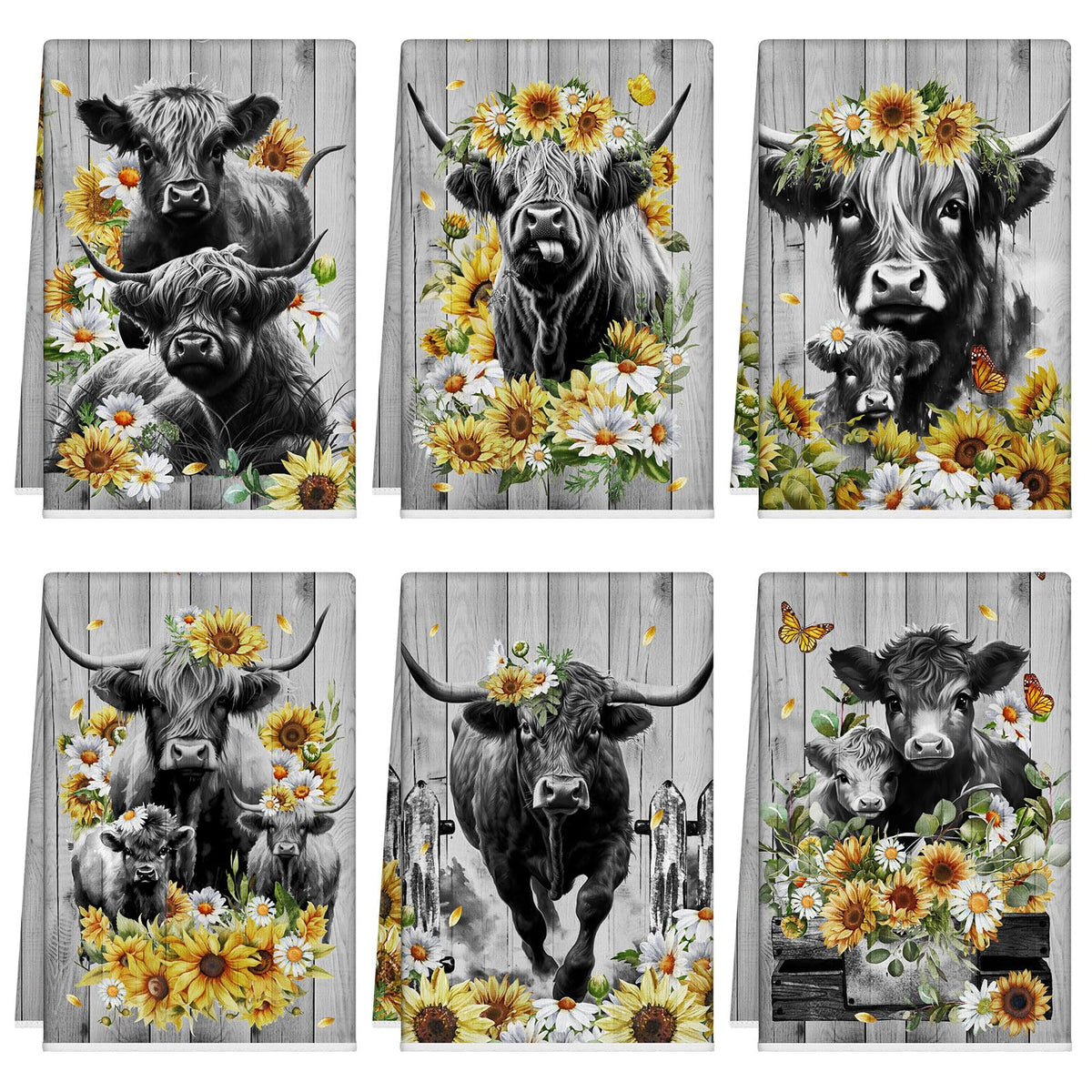 Toallas Tudomro con vaca Highland, juego de 6, ideal para secar platos rápido.