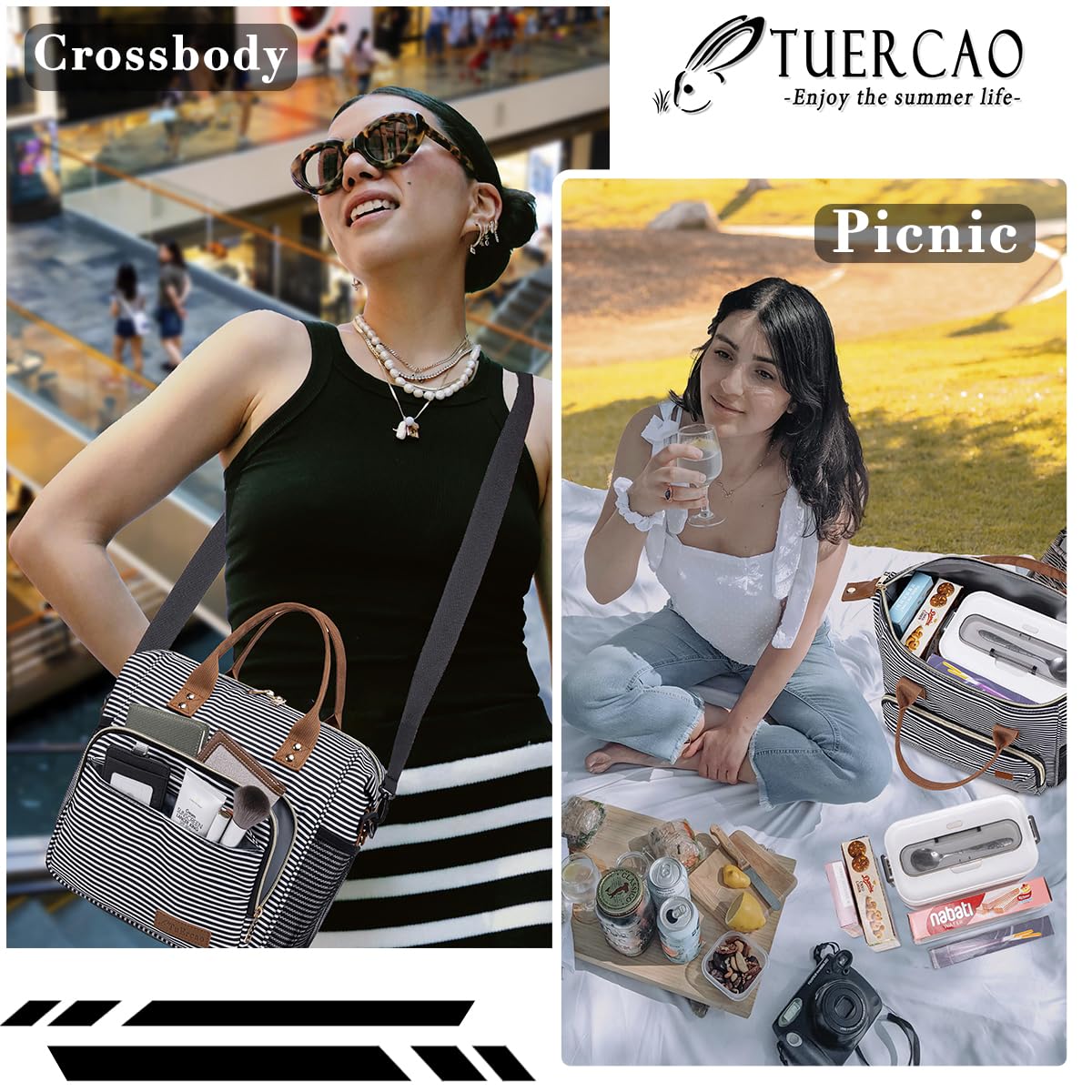 TuErCao lonchera para mujer, bolsillos de malla para botellas.