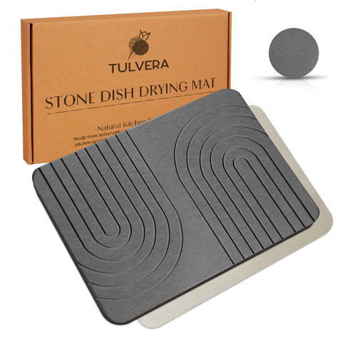 Tulvera Tapete secado de platos de piedra con ola grabada, ideal para encimeras limpias.
