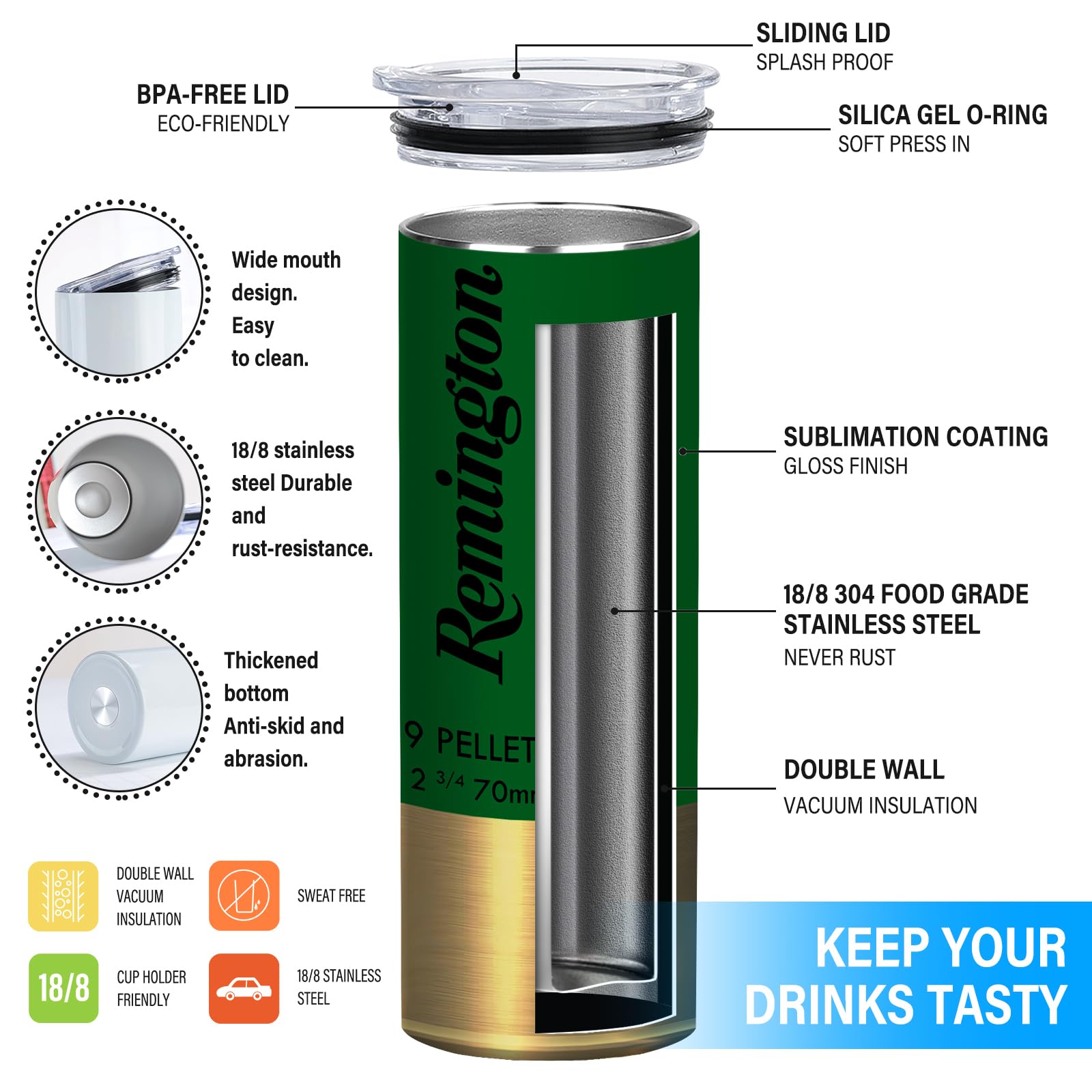 Capacidad de 20oz de TUMBTU para café, té y bebidas frías o calientes.