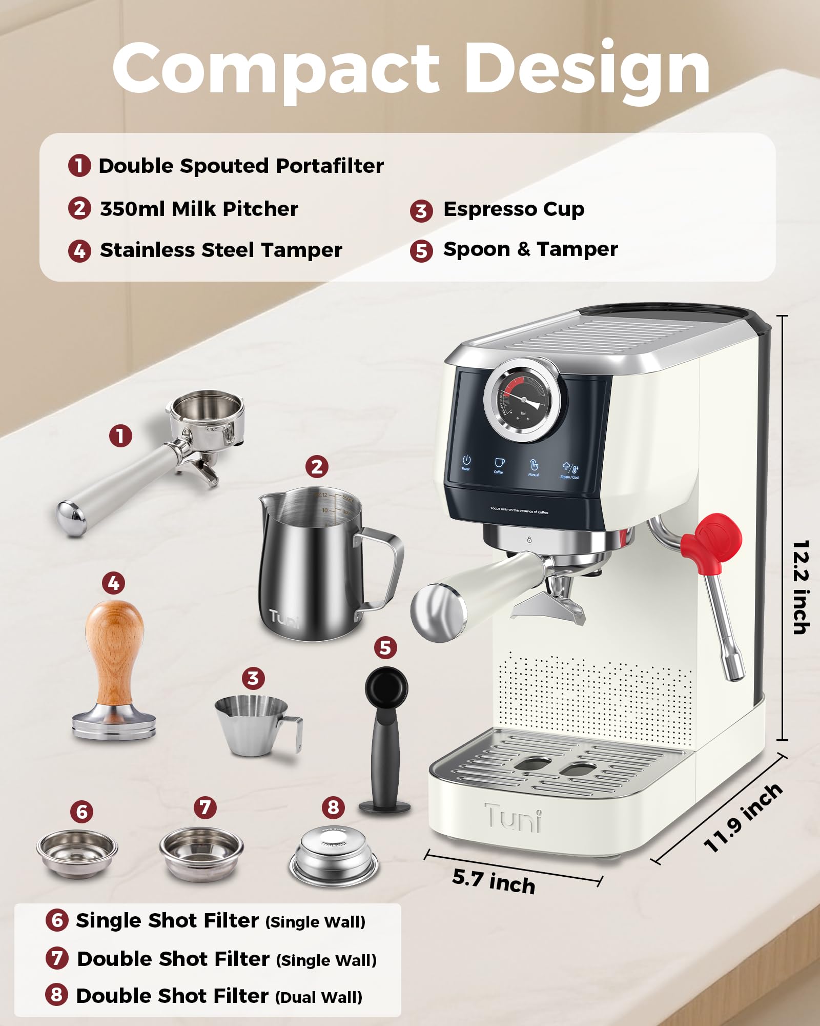 Tuni E2 kit accesorios listos para usar desde el primer espresso.