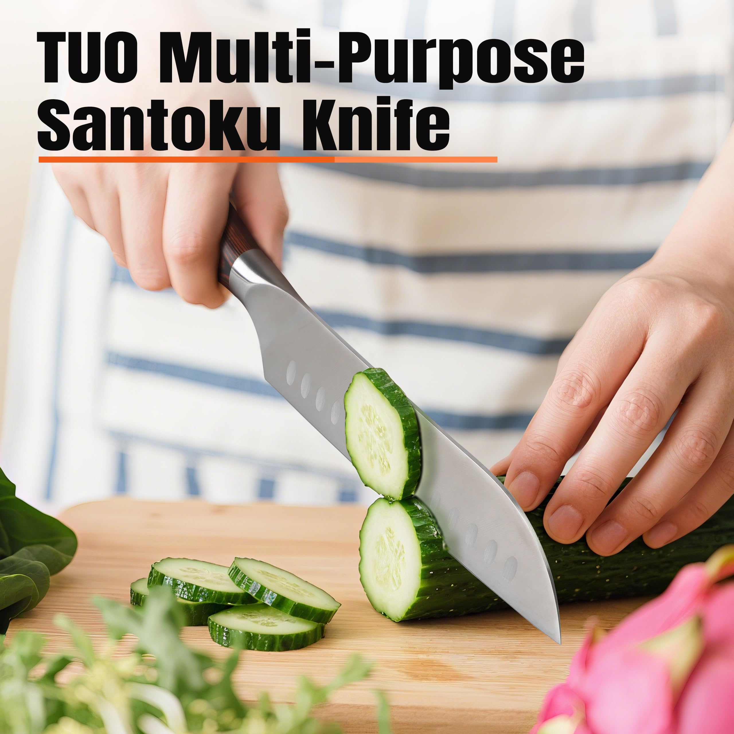 TUO Santoku acero alto carbono 56HRC para durabilidad.