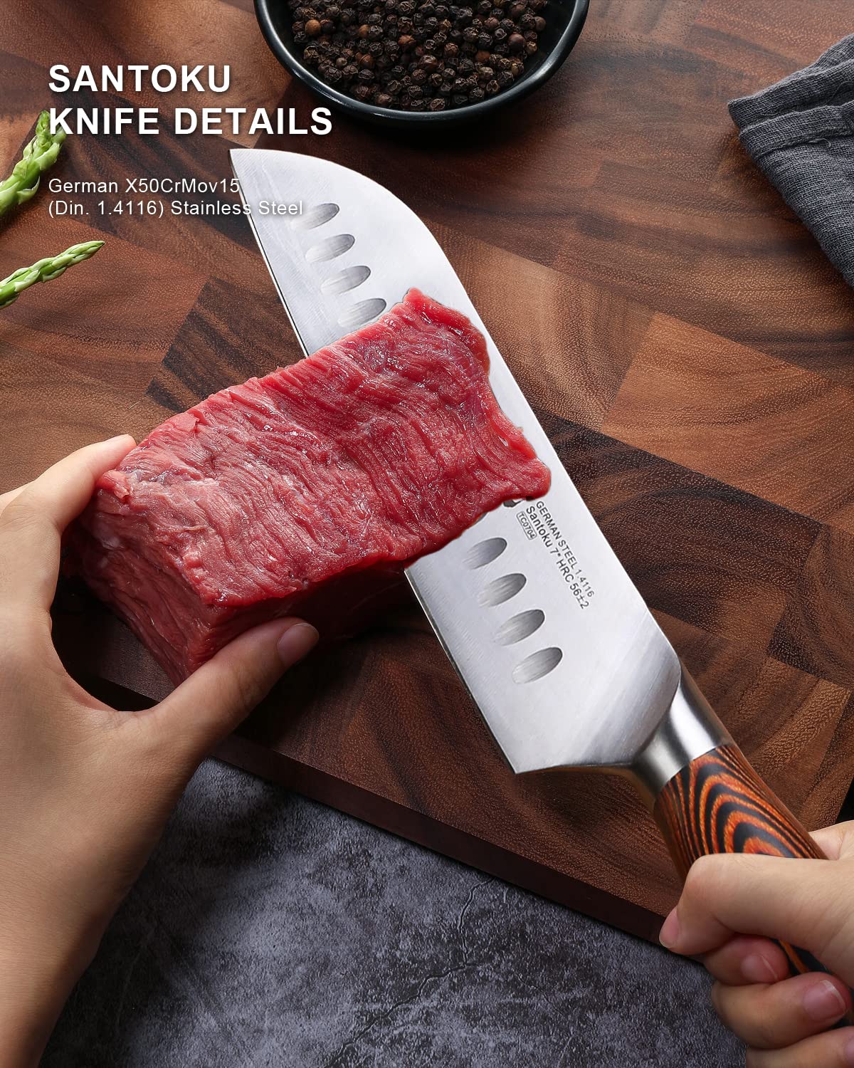 TUO Santoku con Granton evita que se pegue la comida.