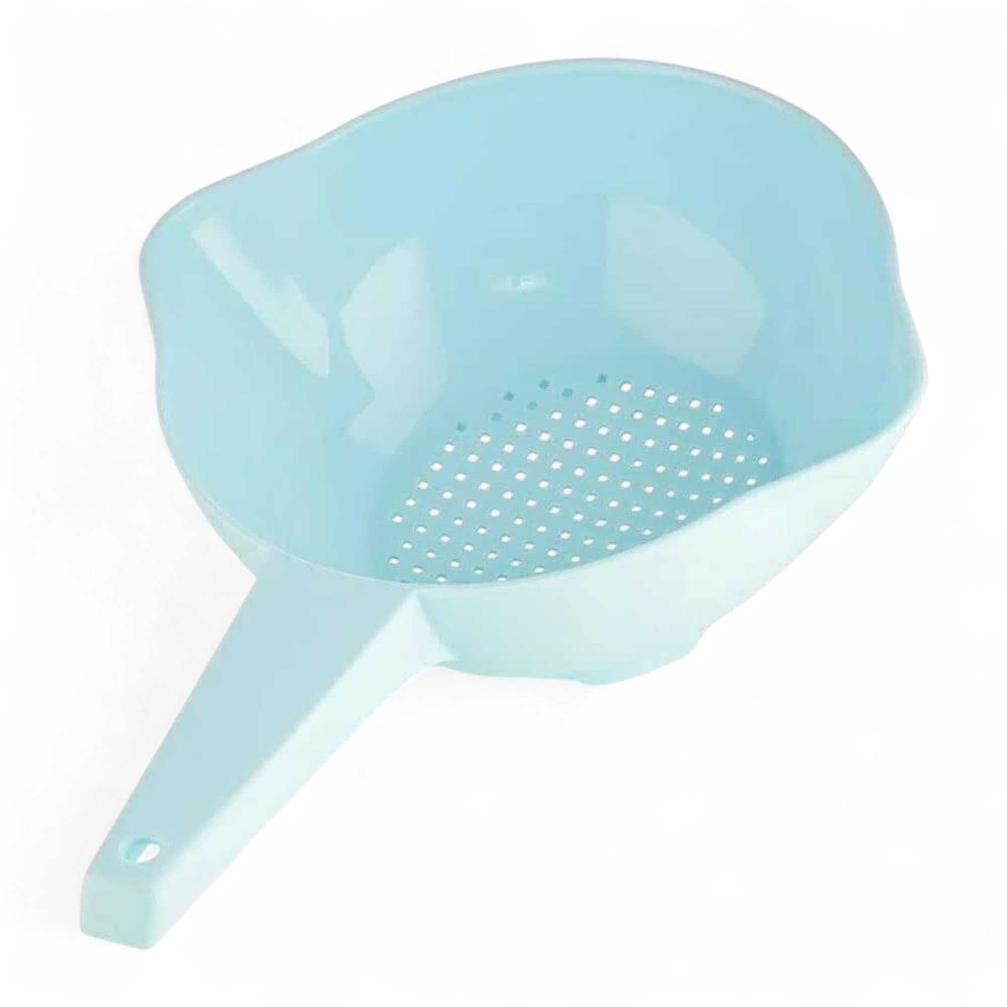 Colador pequeño de Tupperware con asa azul claro para drenar pasta caliente