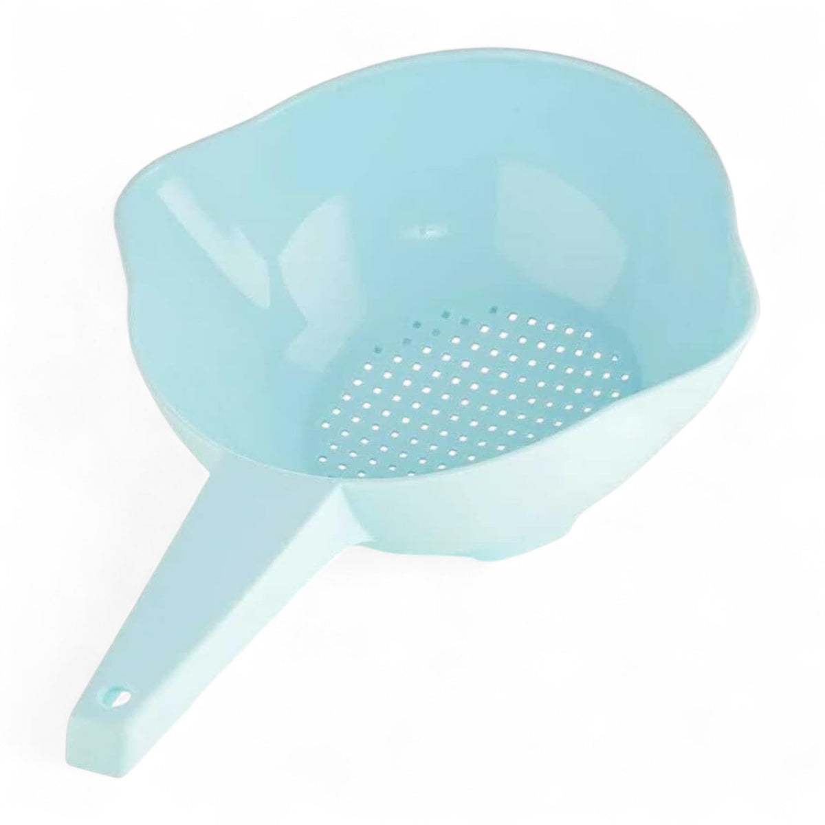Colador pequeño de Tupperware con asa azul claro para drenar pasta caliente