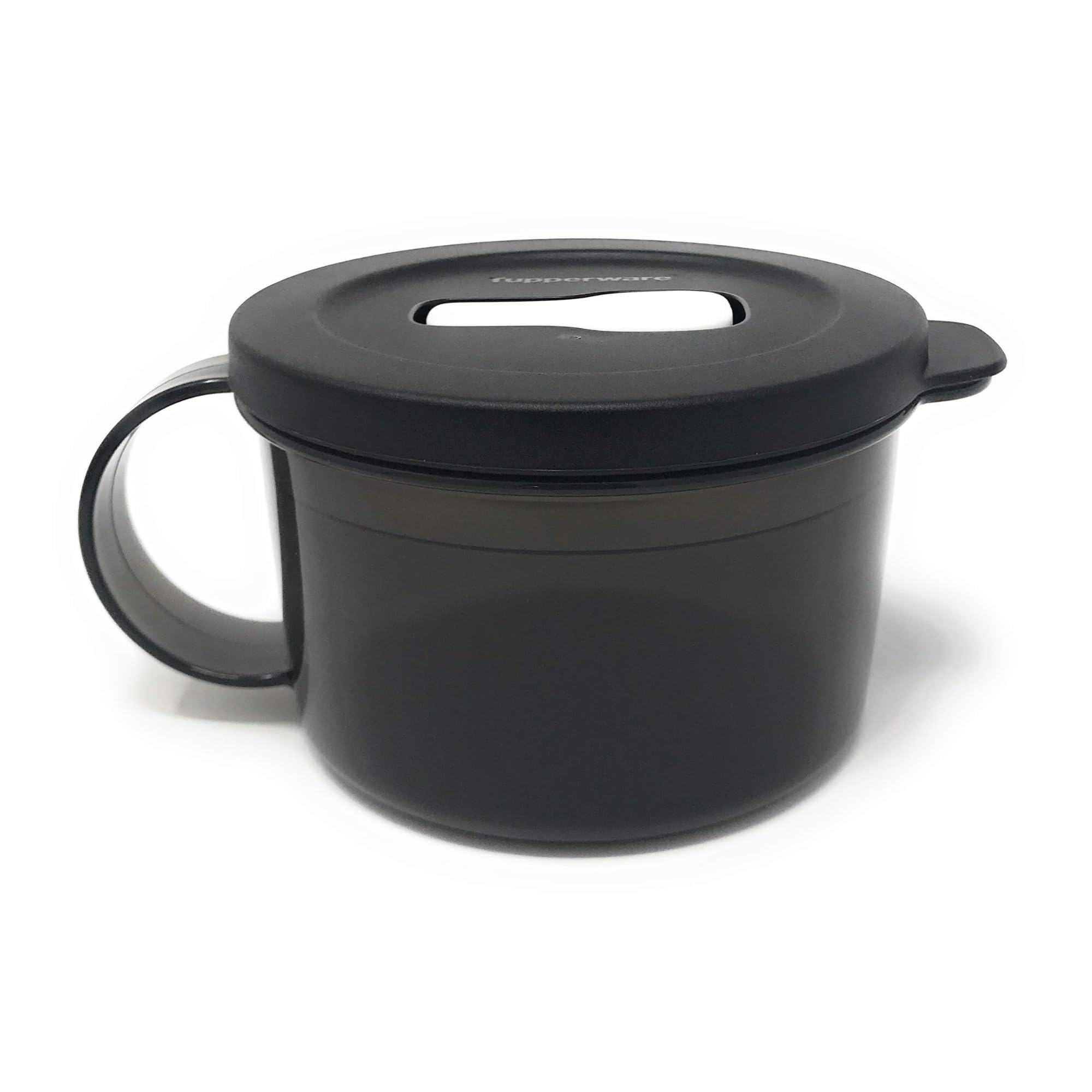 Tupperware CrystalWave taza de sopa negra con válvula blanca, ideal para recalentar sin derrames.