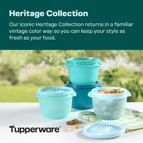 Tupperware Heritage tapas diseño sunburst para sellado fiable y estilo icónico.