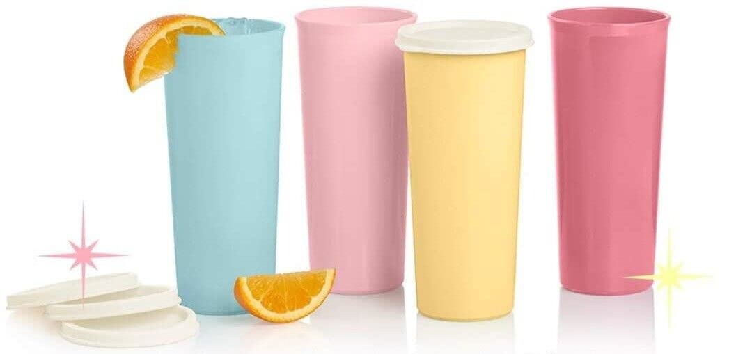 Vaso Tupperware 16 oz azul pastel, lados rectos, agarre cómodo