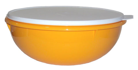 Tupperware Fix N Mix Bowl amarillo cosecha con sello mariposa blanca, para conservar frescura.