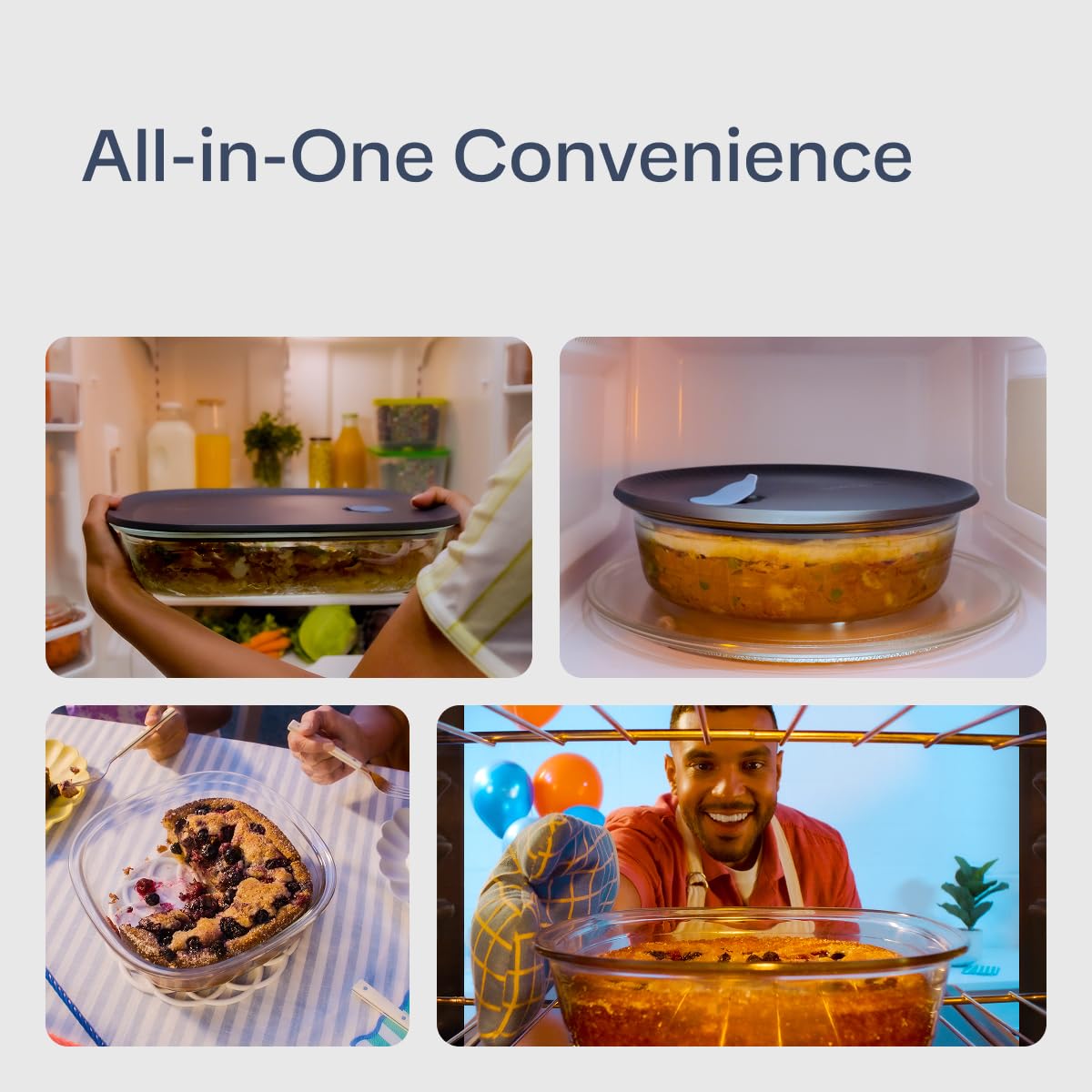 Tupperware Voila, vidrio duradero para uso diario en horno, microondas y refrigerador.