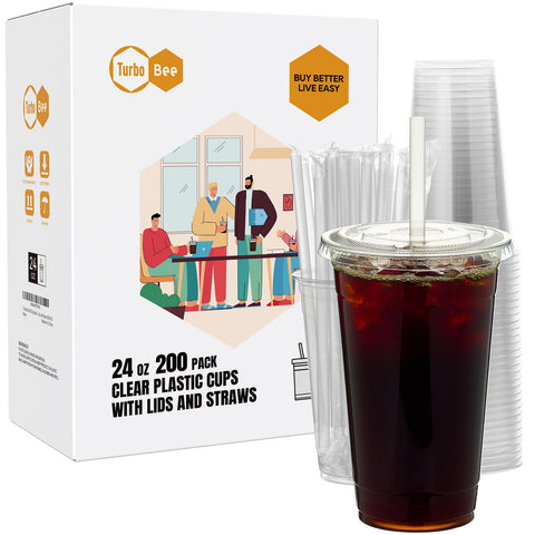 Turbo Bee vasos plásticos 24oz con tapas y pajitas, ideales para llevar bebidas frías.