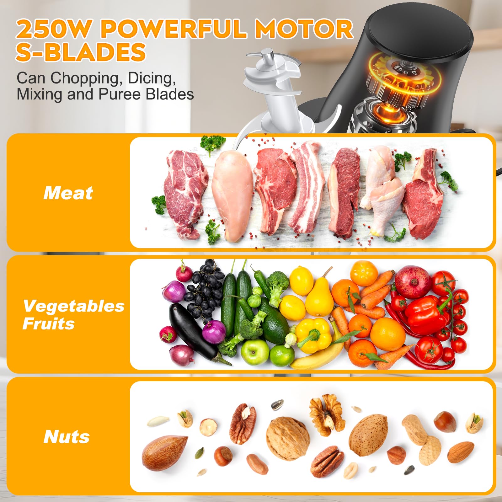 TURNRISE Desmenuzadora-motor-250W: potencia estable y protección contra sobrecalentamiento