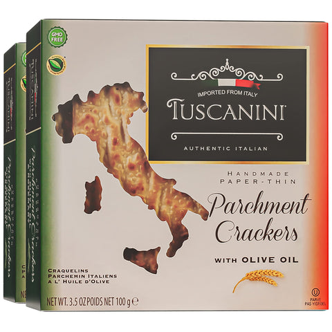 Galletas de pergamino Tuscanini con aceite de oliva, crujientes para aperitivos.