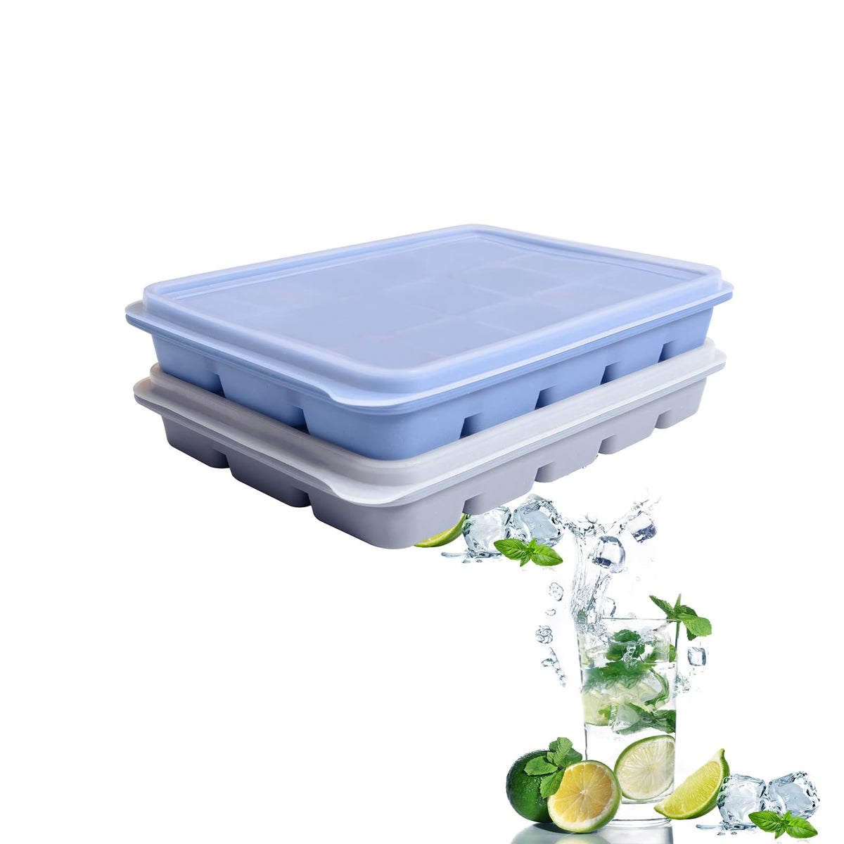 Tvmania bandejas hielo conjunto-2 azul gris con tapa para conservar frescura.