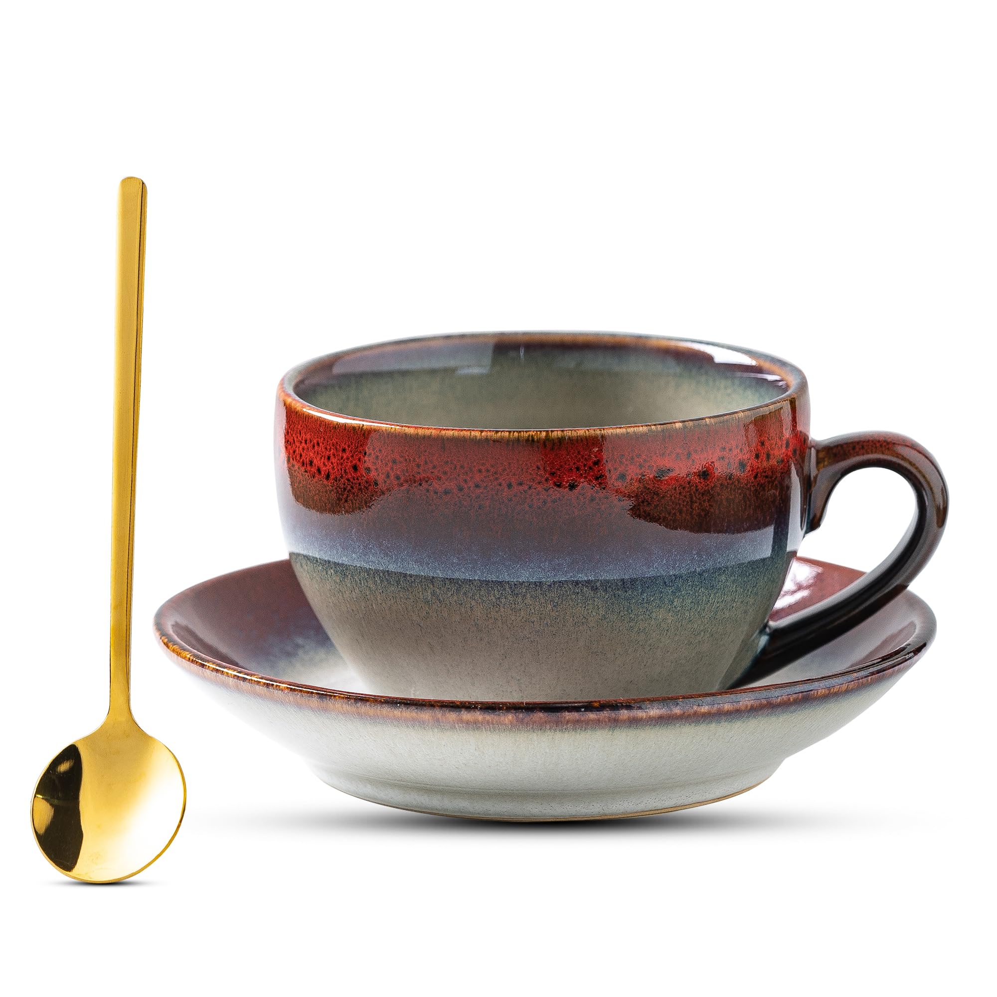 Tvvtuww taza porcelana con platillo y cuchara tinta roja para espresso.
