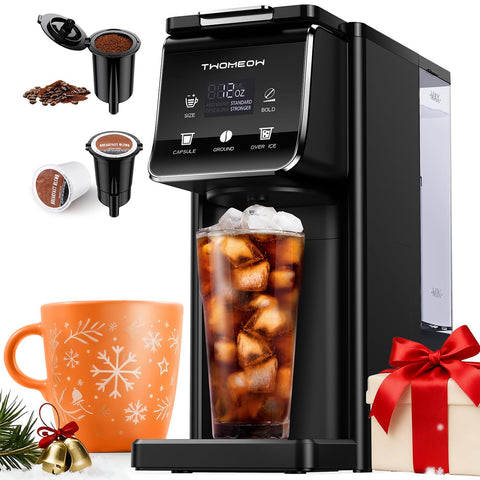 TWOMEOW cafetera, frente elegante, diseño compacto ideal para cocinas pequeñas.