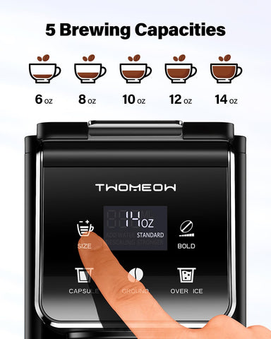 TWOMEOW cafetera compatible con cápsulas, café molido y té, filtro reutilizable incluido.