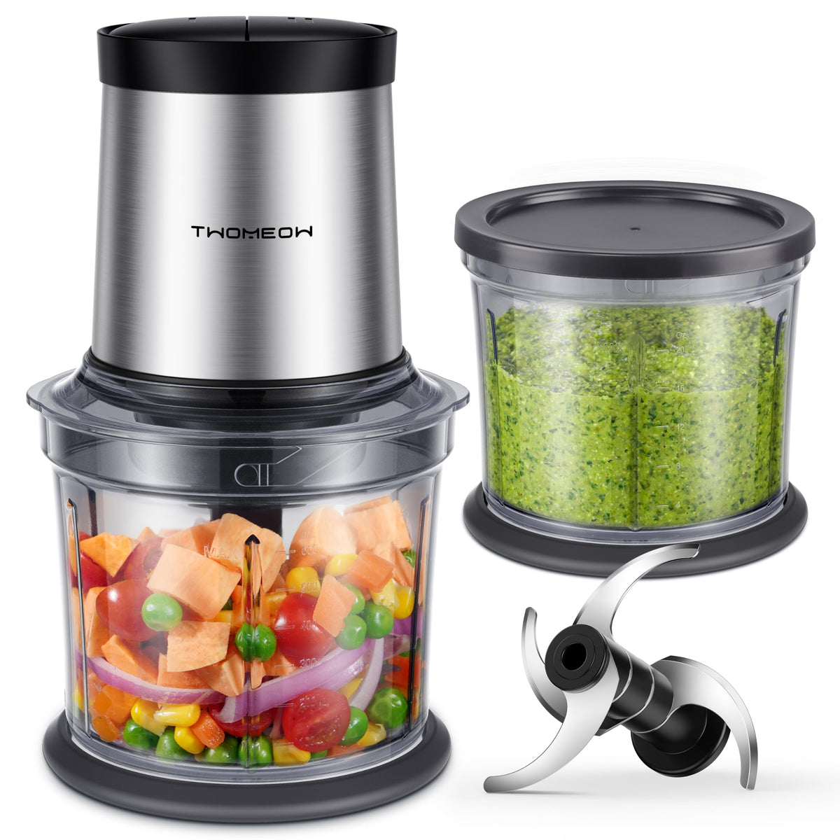 TWOMEOW procesador de alimentos con tapa y cuchillas para picar rápido y uniforme