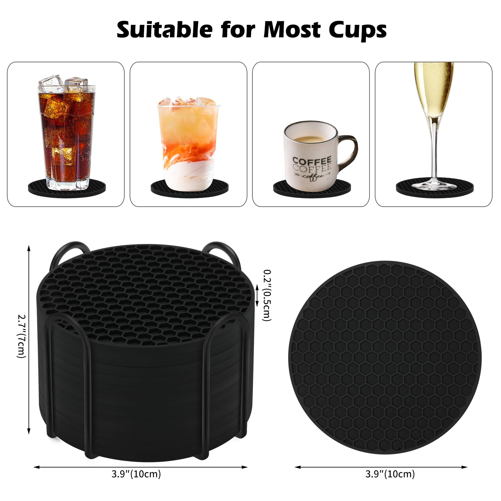 Posavasos negros de silicona TWTLi para bebidas calientes o frías.