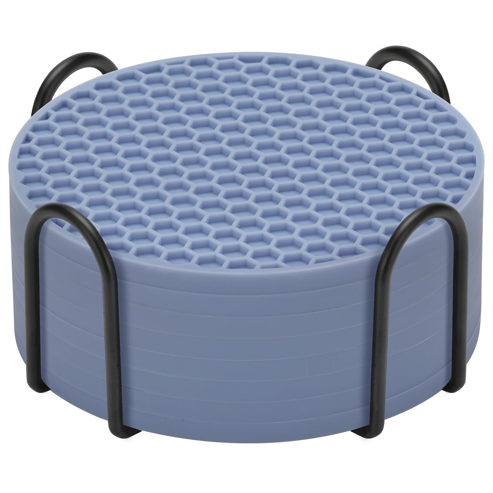 TWTLi posavasos azules con soporte protegiendo la superficie.