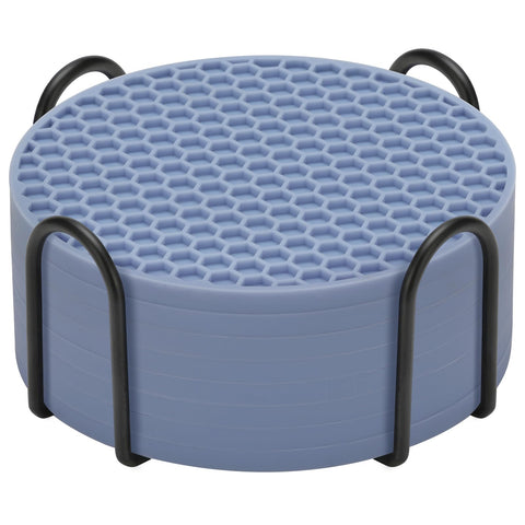 TWTLi posavasos azules con soporte protegiendo la superficie.