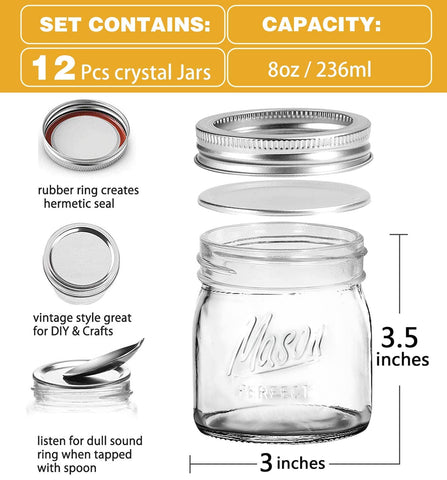 Tarro Mason 8oz de Tynatune, vidrio claro para conservas artesanales.