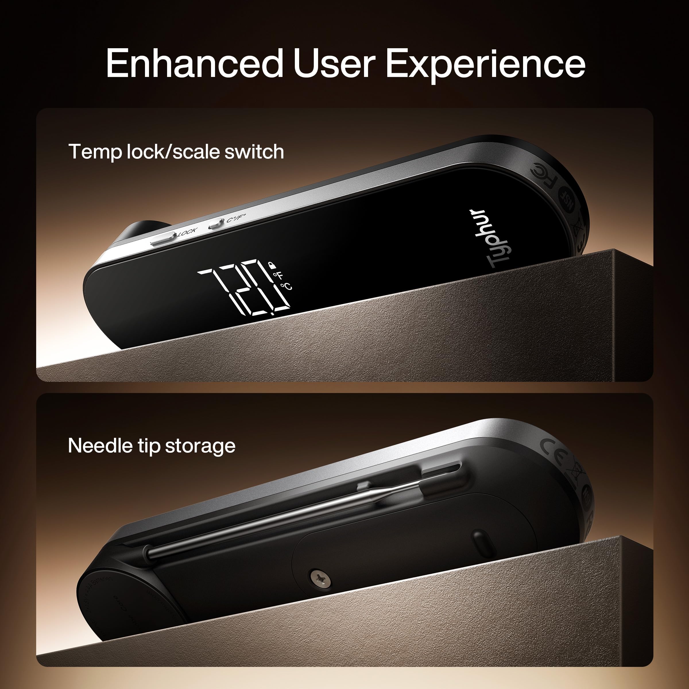 Typhur InstaProbe Core pantalla LED legible bajo la luz solar.