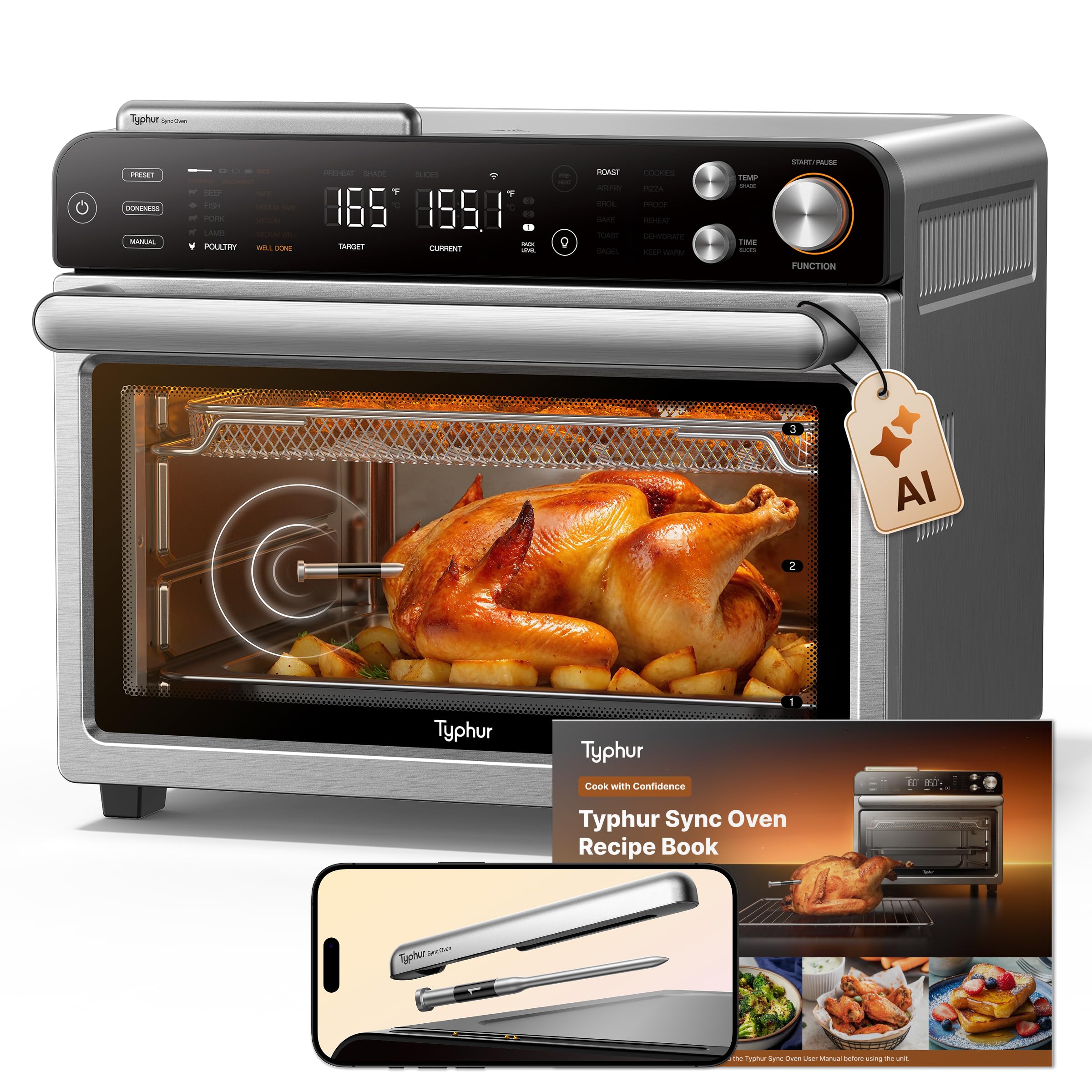 Typhur Sync Oven frente de acero inoxidable, cocción versátil para la familia.