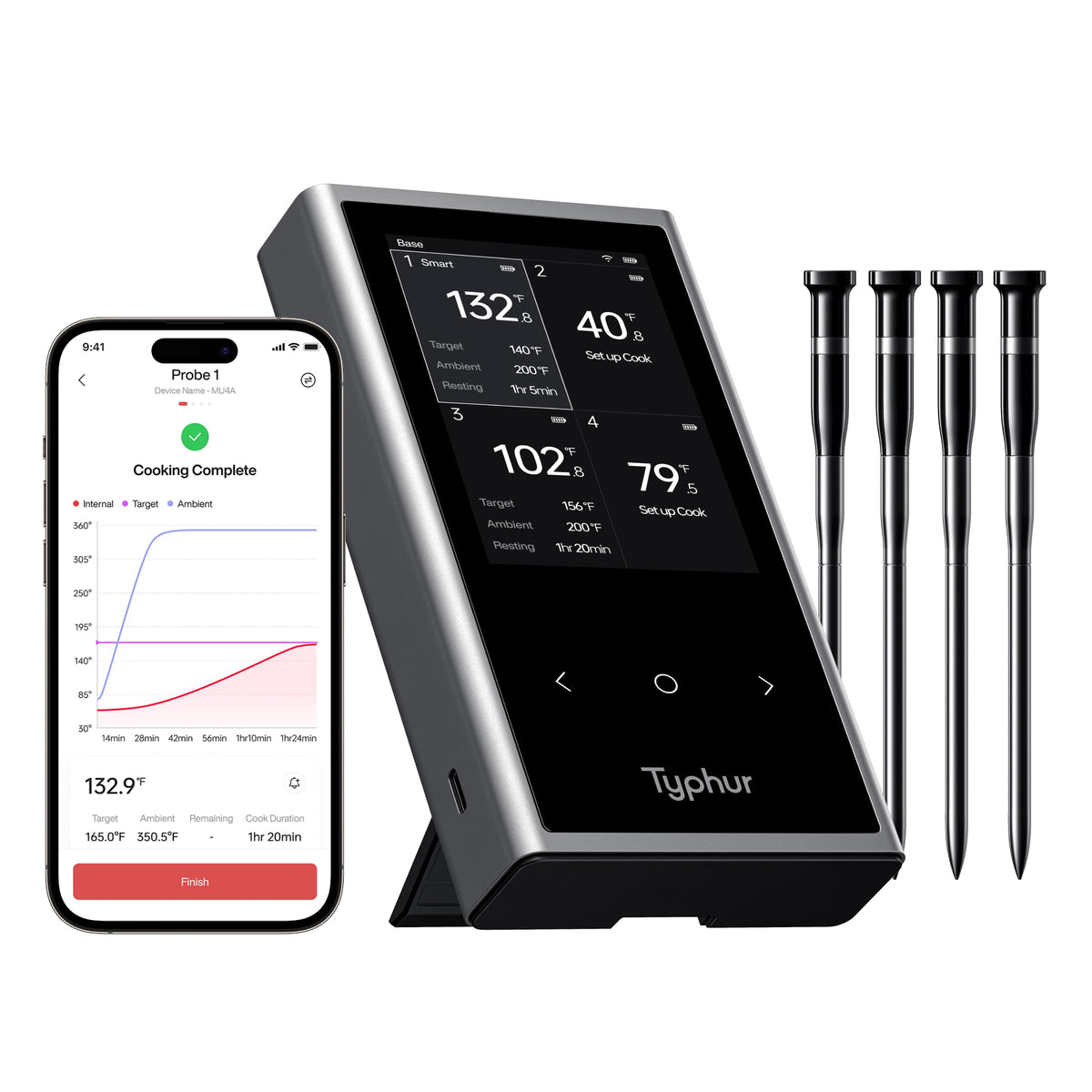 Typhur Sync termómetro de carne inalámbrico con 4 sondas para cocción precisa.