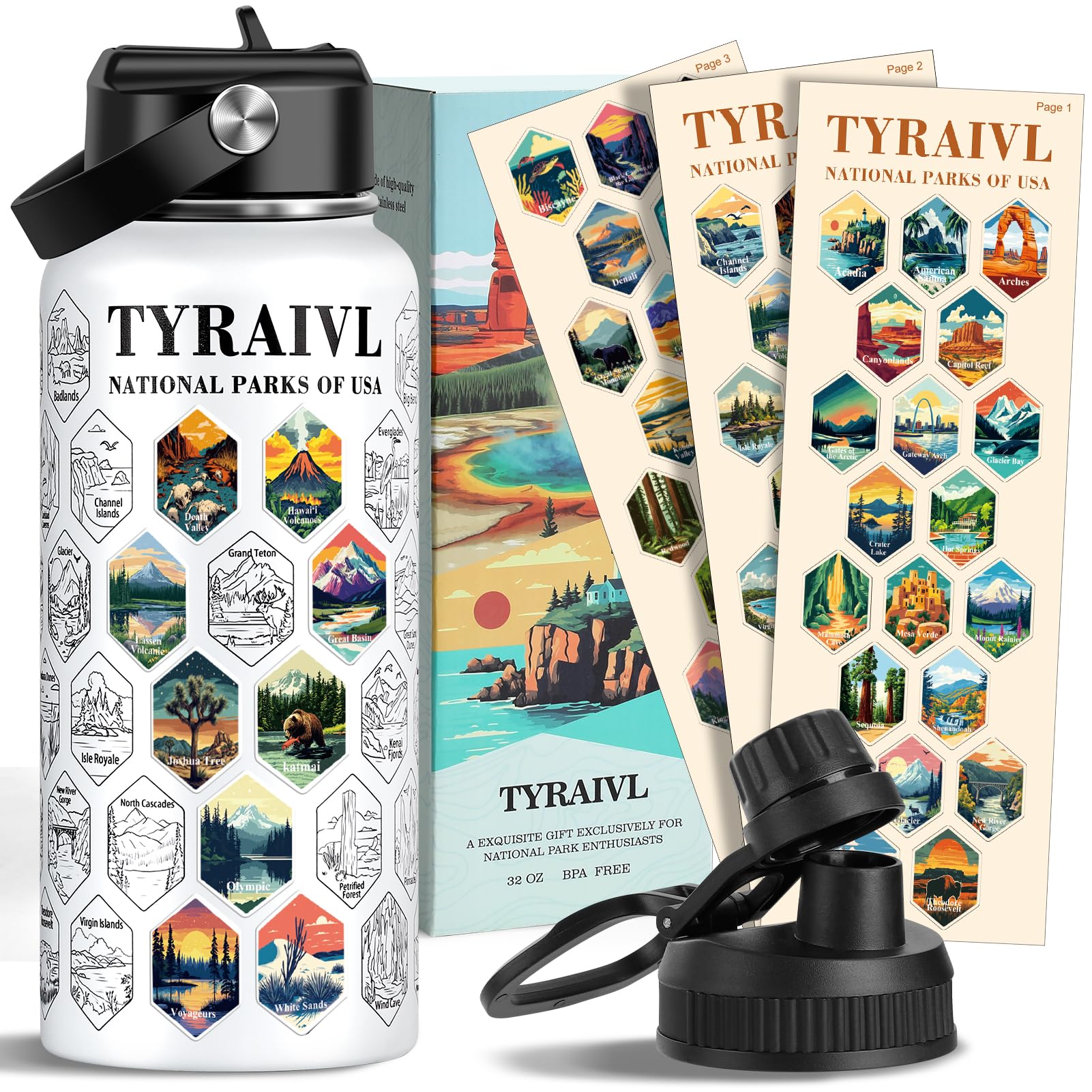 Botella Tyraivl 32oz frente a parques nacionales, ideal para excursiones.