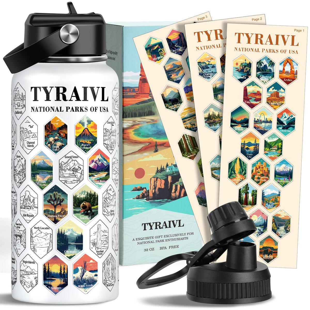 Botella Tyraivl 32oz frente a parques nacionales, ideal para excursiones.