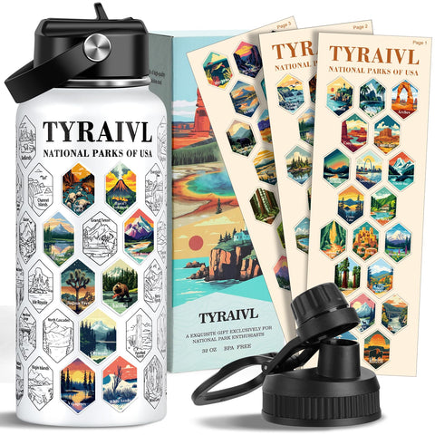 Botella Tyraivl 32oz frente a parques nacionales, ideal para excursiones.