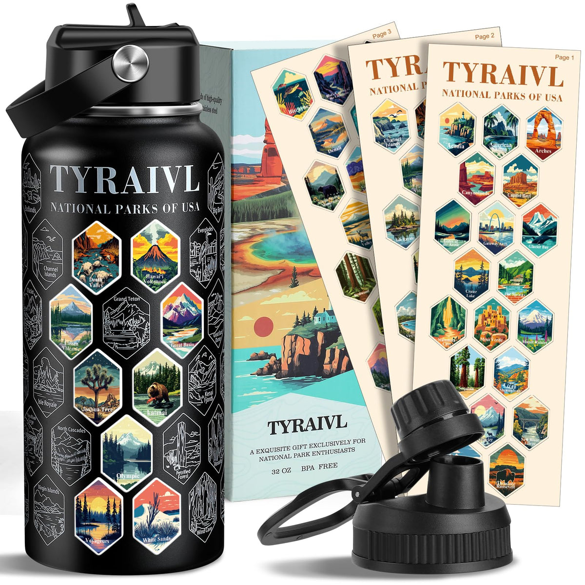Tyraivl botella de agua de parques nacionales con pegatinas, ideal para registrar tus visitas.