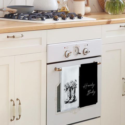 Toallas Tzhim de cocina con diseño vaquero negro, suaves y prácticas para la limpieza diaria.