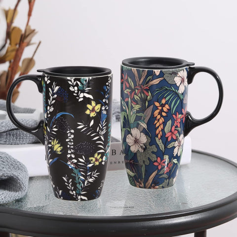 TZSSP juego de 2 tazas cerámicas 17oz con tapas, regalo elegante.