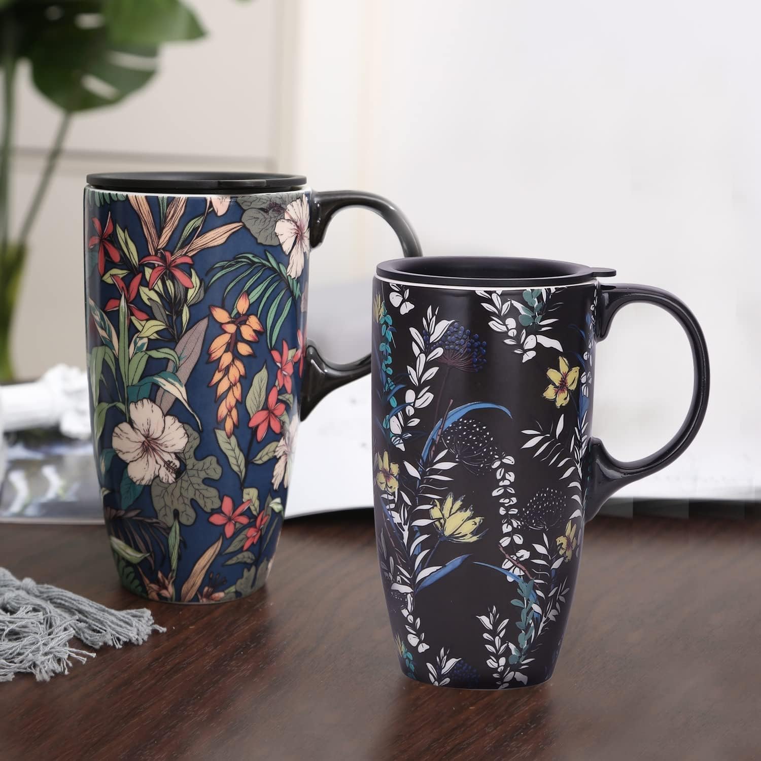 TZSSP taza cerámica 17oz negra con tapa, perfecta para llevar café al trabajo.
