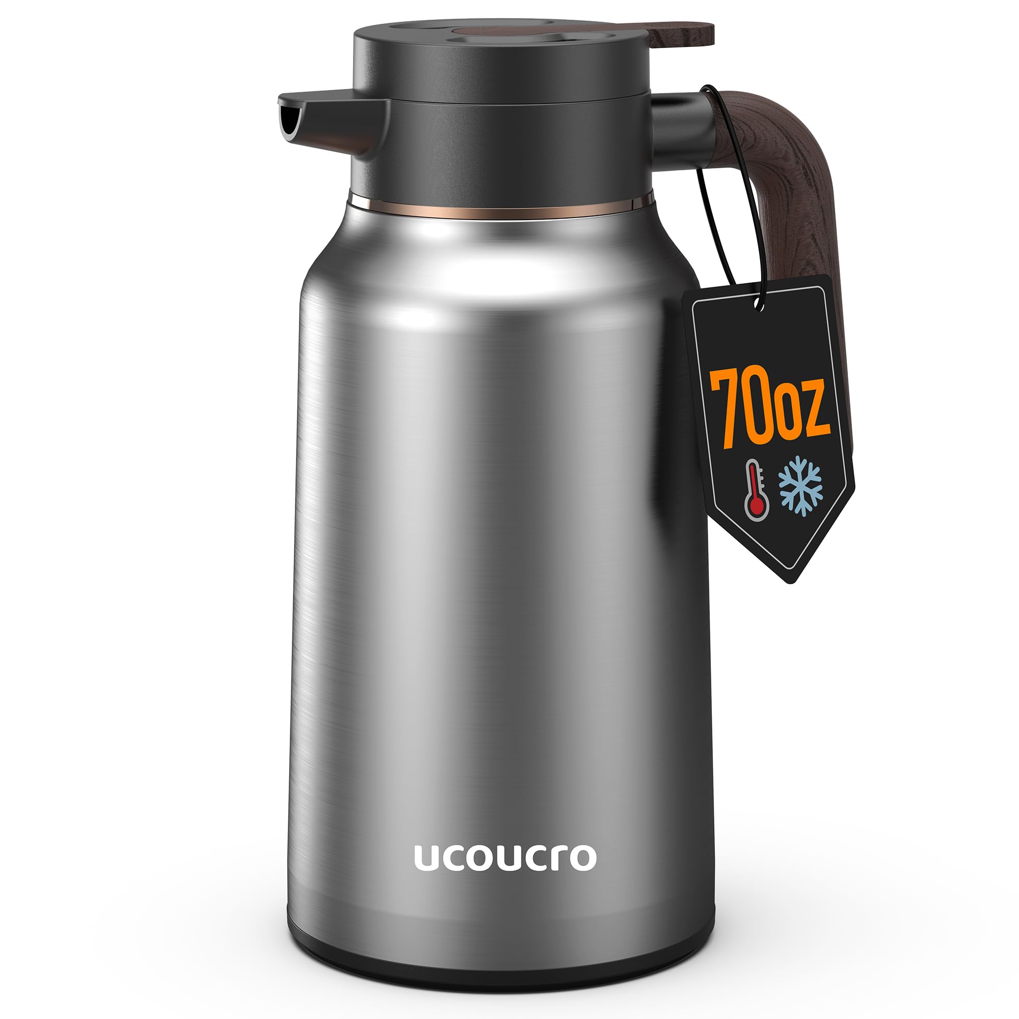 Ucoucro Carafa Térmica mostrando café caliente, mantiene la bebida caliente por horas.