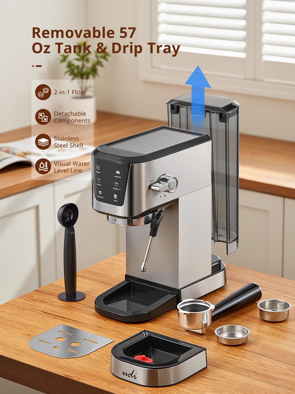 UDI máquina de café con cuerpo de acero inoxidable, duradera y fácil de limpiar.