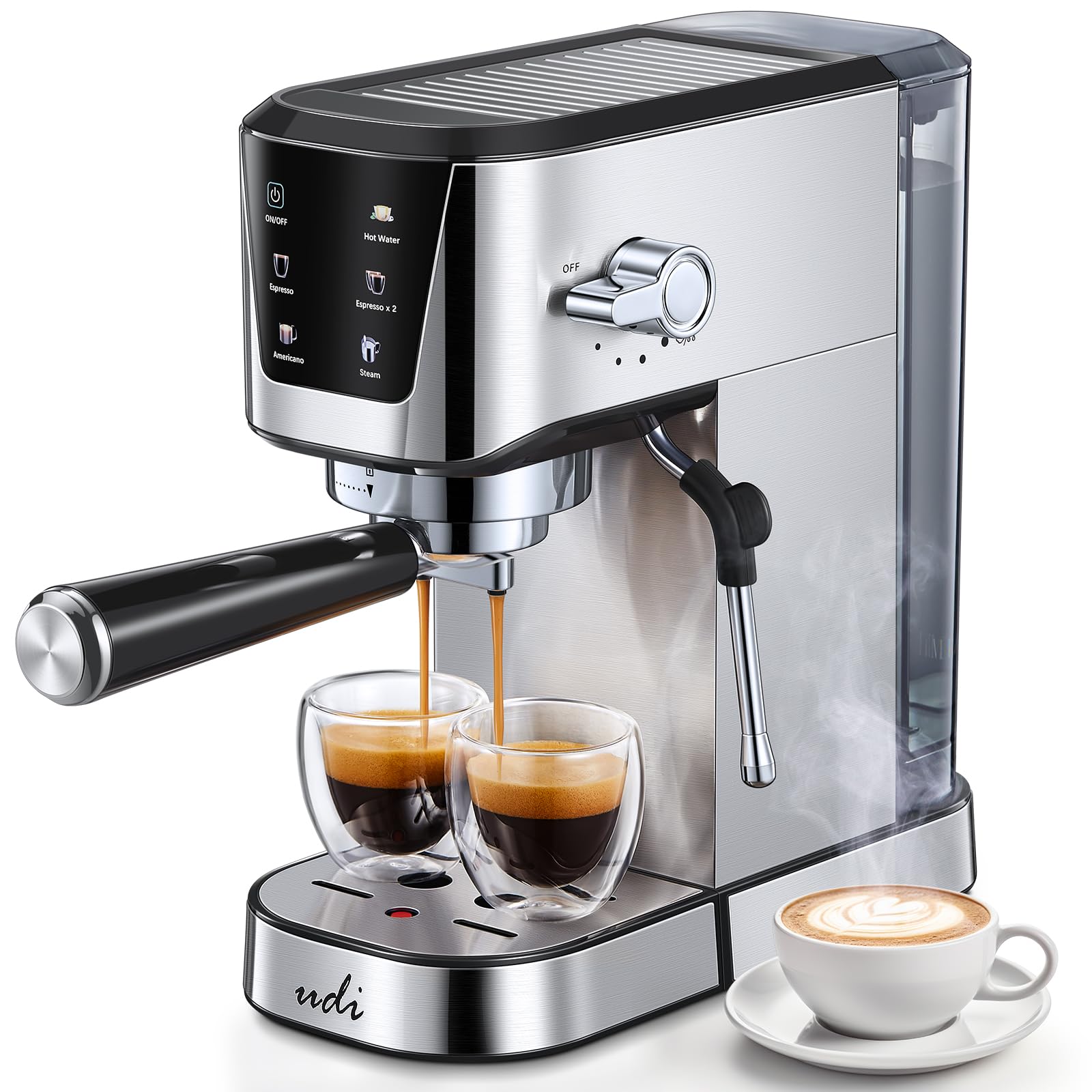 UDI máquina de café con pantalla LED; navegación fácil y selección de funciones.