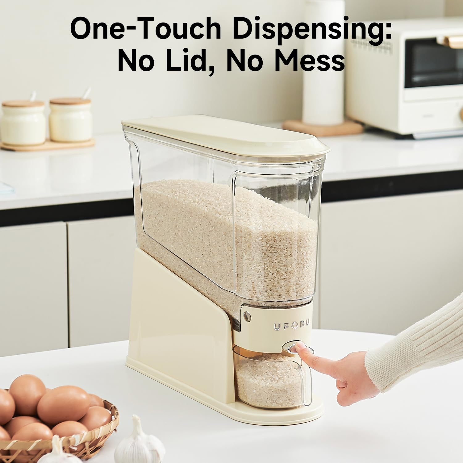 UFORU dispensador arroz, diseño compacto, encaja en despensa o encimera.