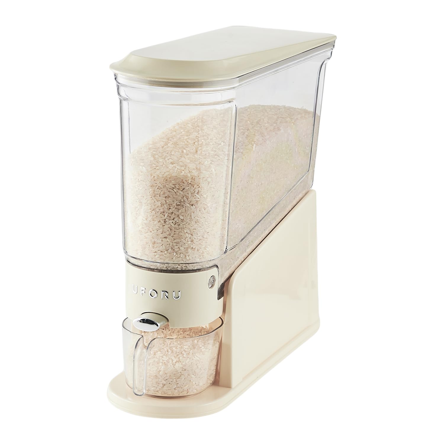 UFORU dispensador de arroz, vista frontal, acceso rápido y orden en la cocina.