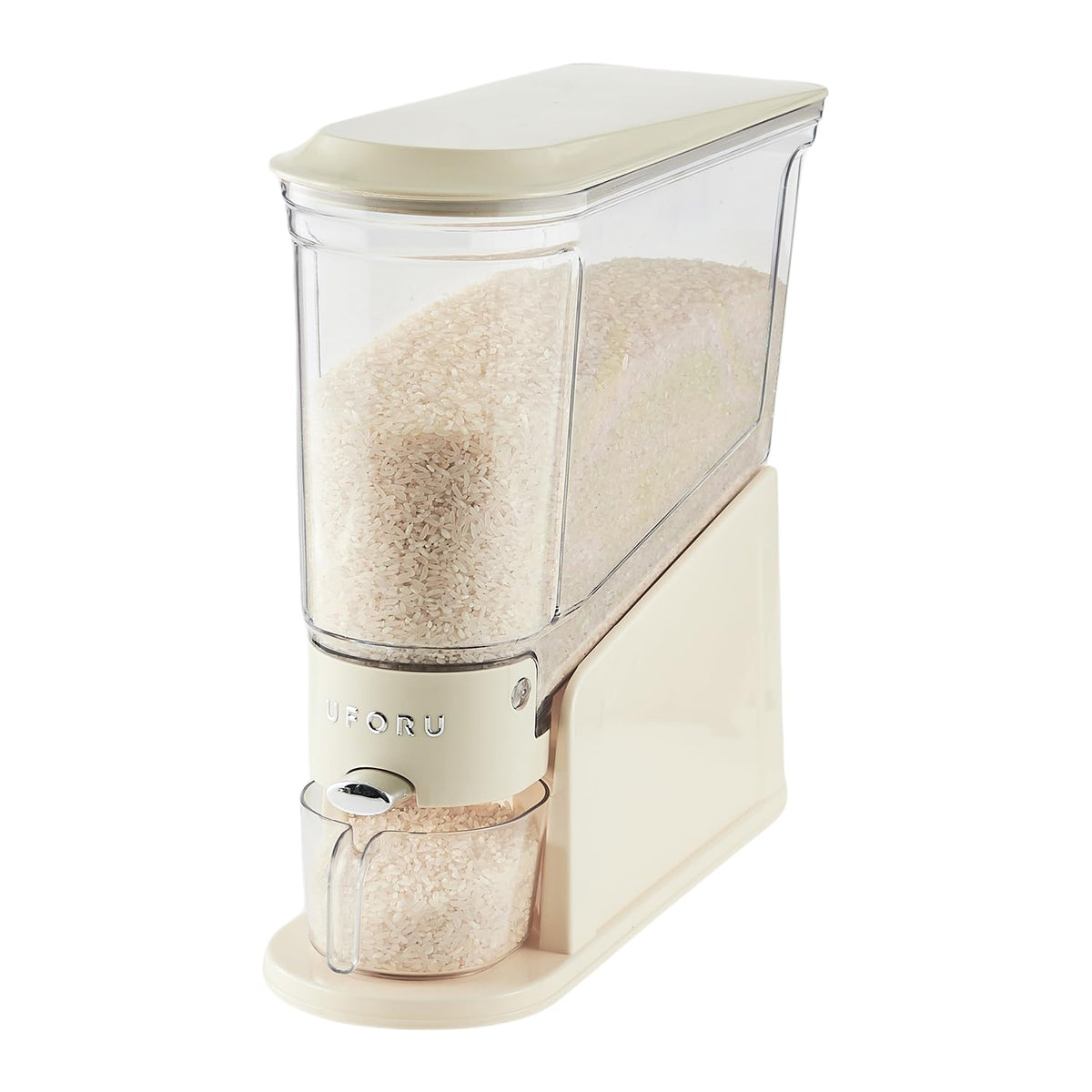 UFORU dispensador de arroz, vista frontal, acceso rápido y orden en la cocina.