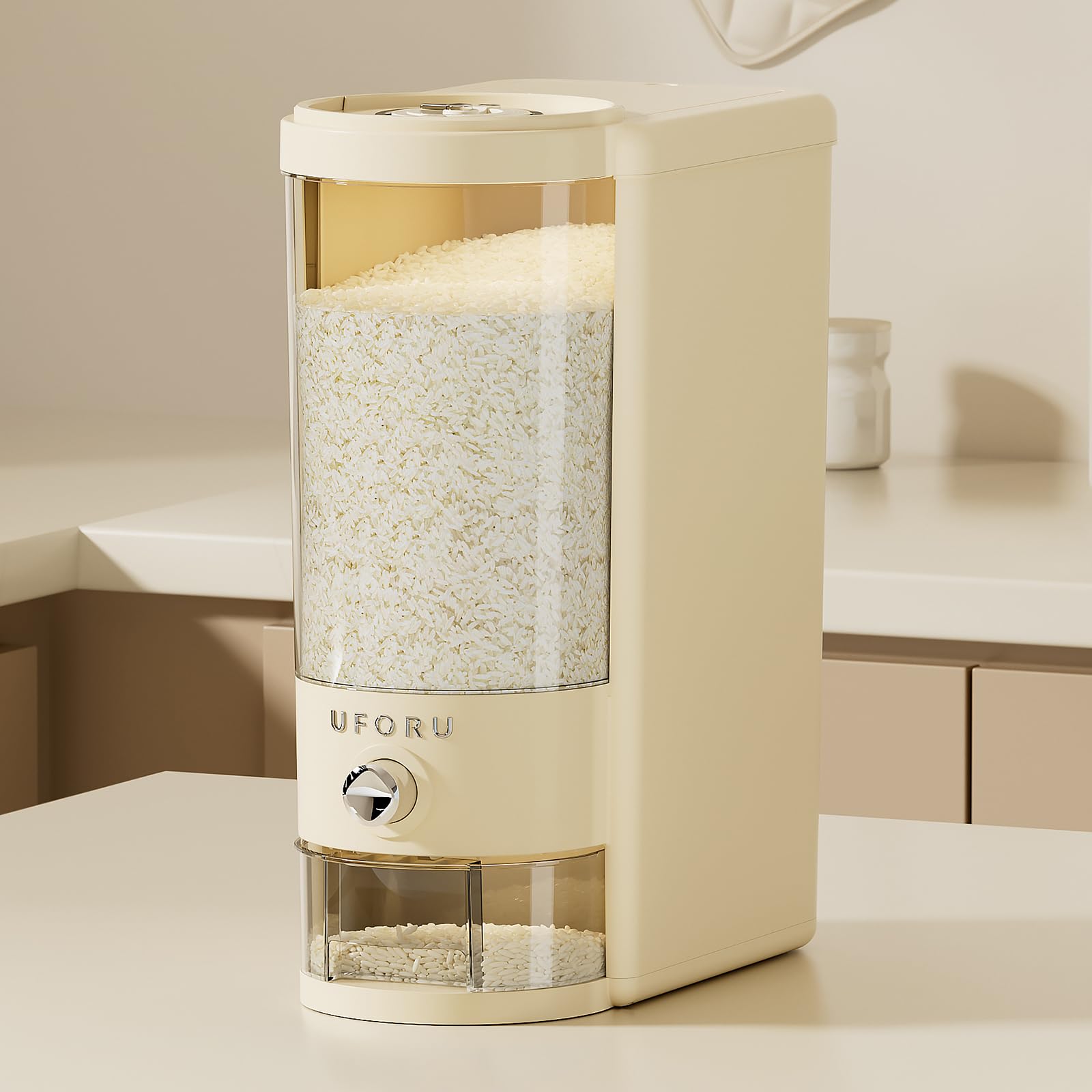 Dispensador de arroz UFORU con capacidad de 22-25 libras para despensa ordenada.