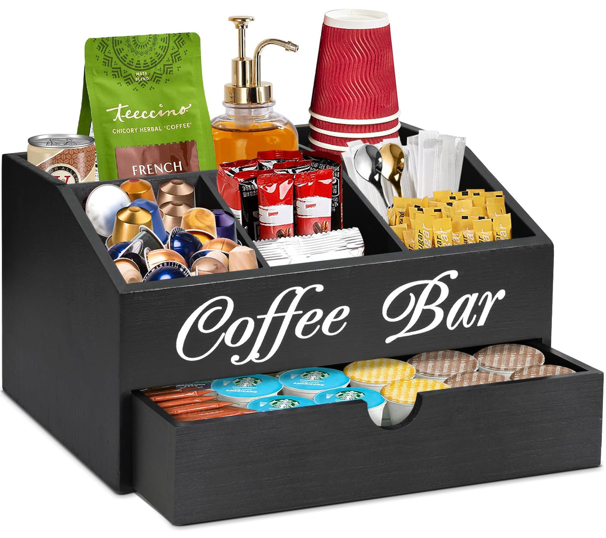 ugiftt organizador-barra-cafe-con-cajon, ideal para ordenar cápsulas y condimentos.