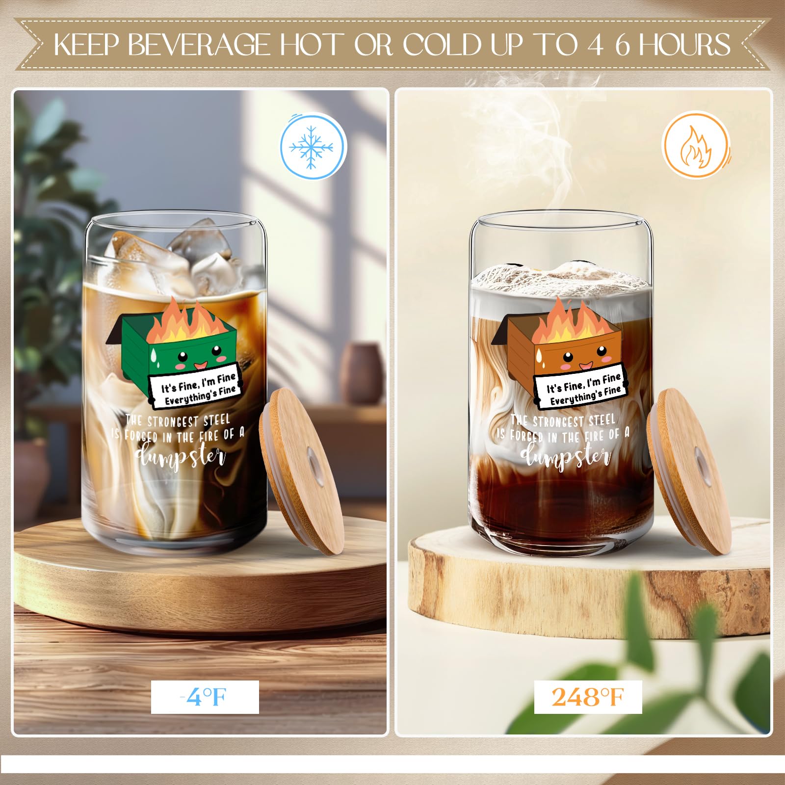 Vaso Uiifan de 16 oz con tapa de bambú y diseño fuego de vertedero, ideal para oficina.