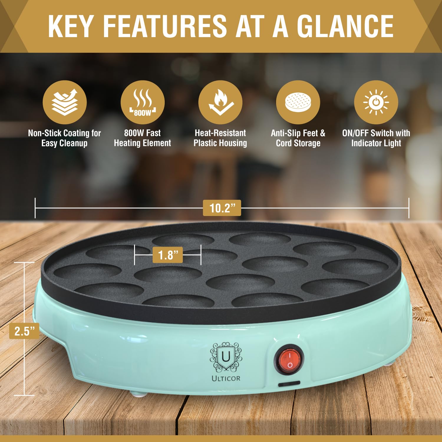 ULTICOR Mini Pancake Maker, sartén-antiadherente: desmolde fácil y cocción uniforme