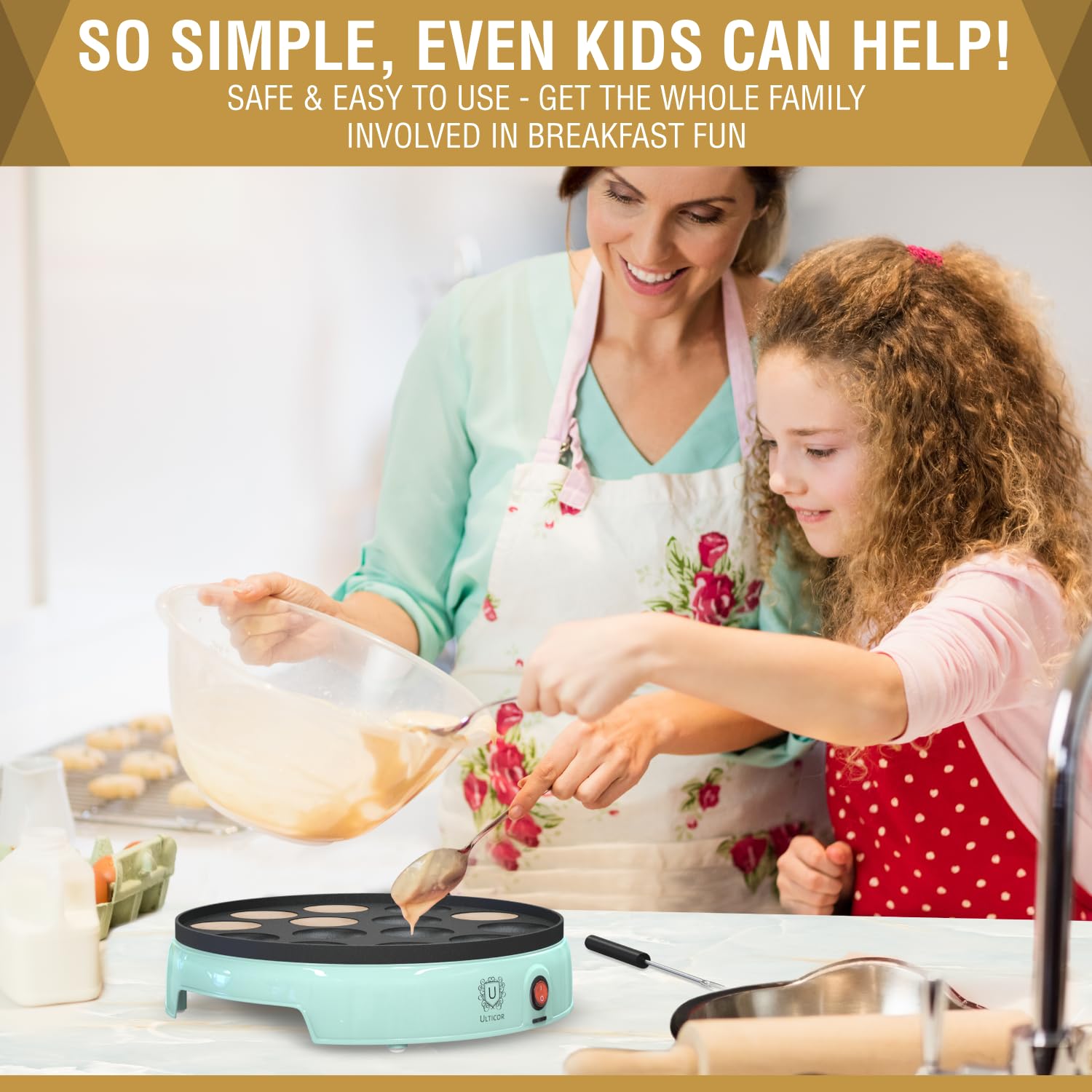 ULTICOR Mini Pancake Maker, verter-masa con control y sin goteos