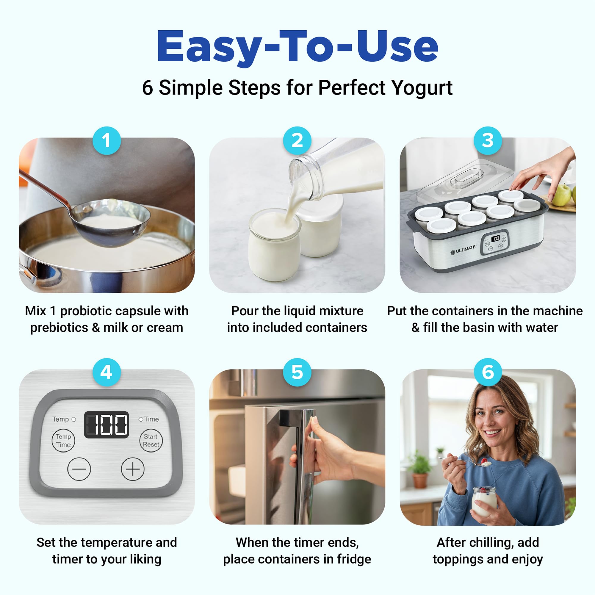 Ultimate configuración de yogur probiótico con recipientes de vidrio aptos para lavavajillas.