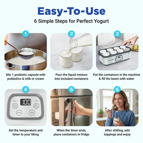 Ultimate configuración de yogur probiótico con recipientes de vidrio aptos para lavavajillas.